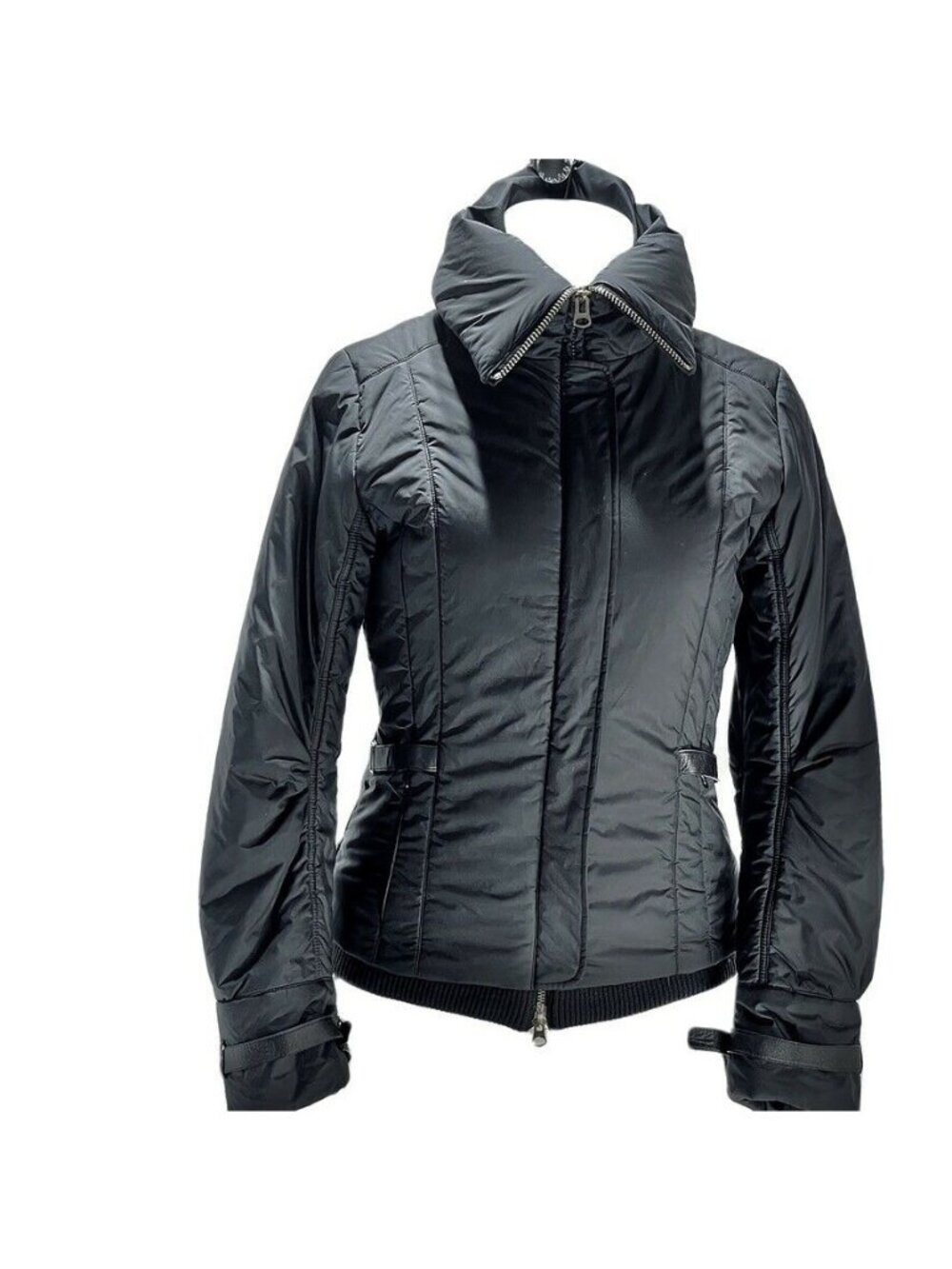 Luca DAltieri Womens Black Puffer Jacket With Zipper & Belted Cuffs
